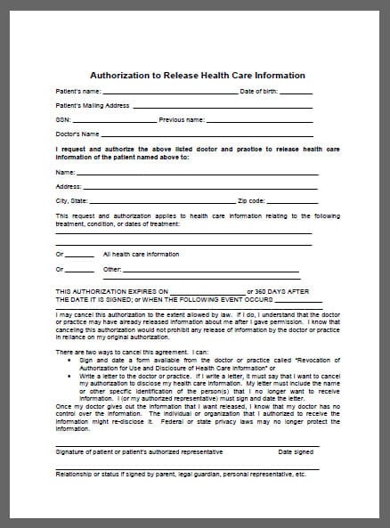 authorization release form authorization to release health care information